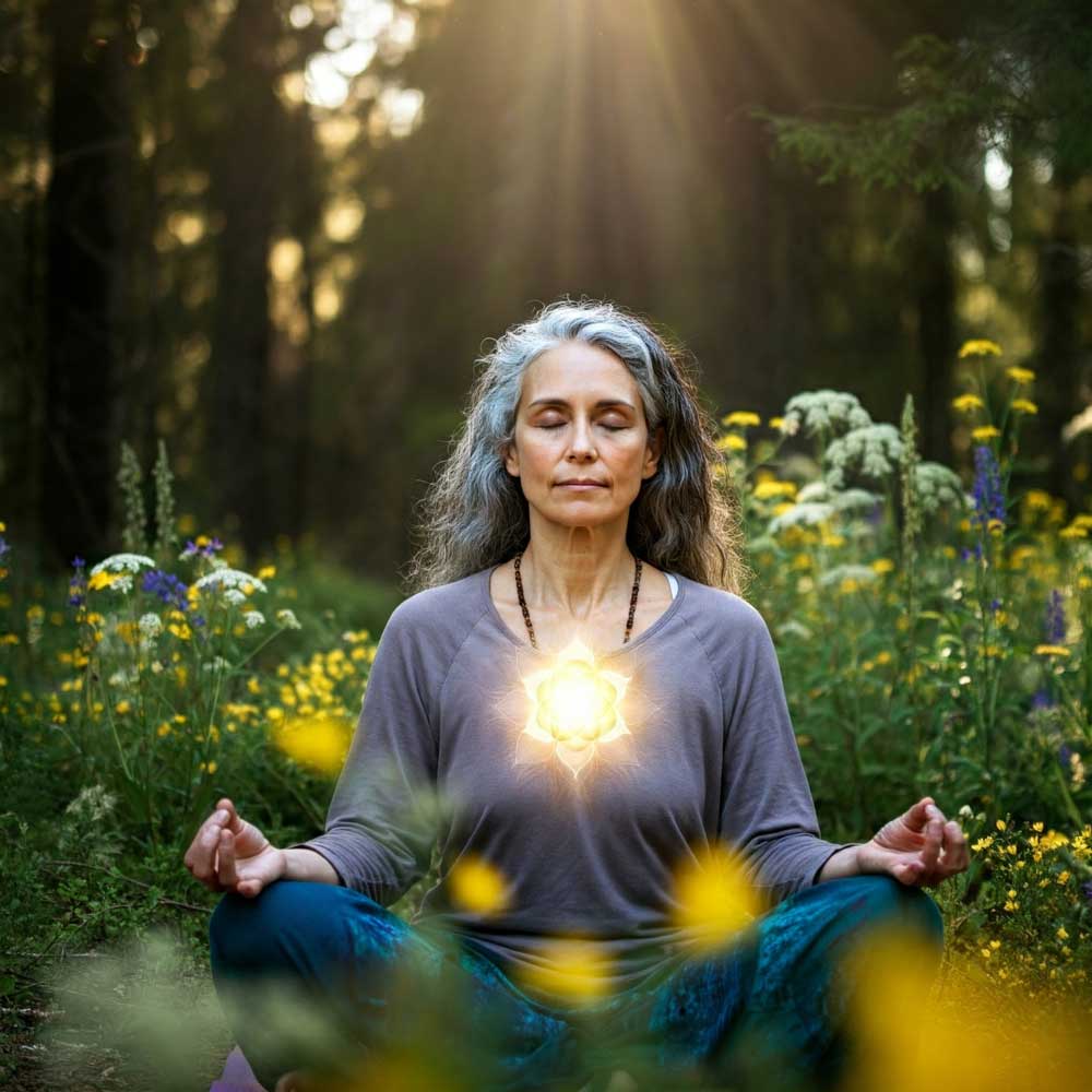 A woman sitting in the forest meditating